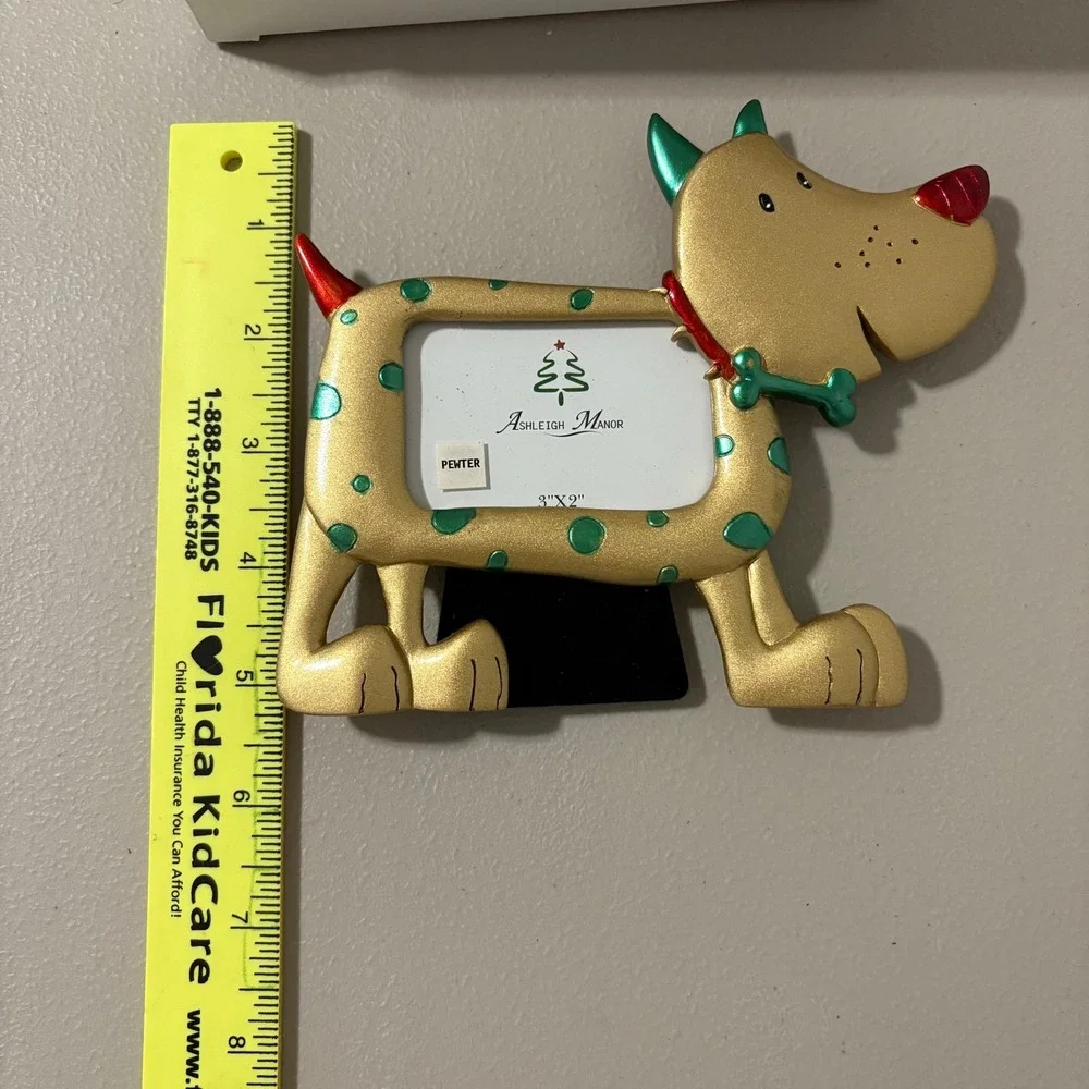 Ashleigh Manor Pewter Dog Picture Frame Gold Polka Dots Holidays Bone Collar 3x2